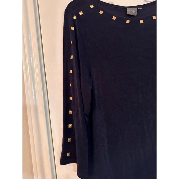 Chicos Top Womens Navy Blue Studded Knit 3/4 Sleeve Gold Studs Edgy Chic - Picture 3 of 6